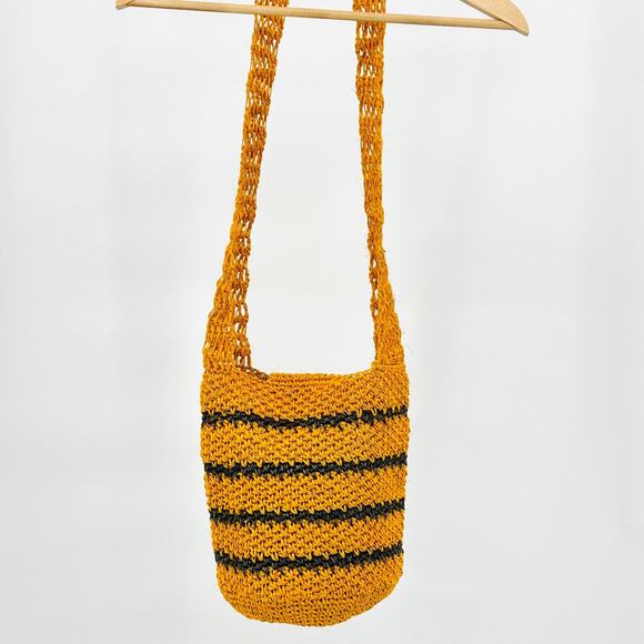 Mustard Yellow Black Striped Crochet Crossbody Boho Bucket Bag - Picture 4 of 7